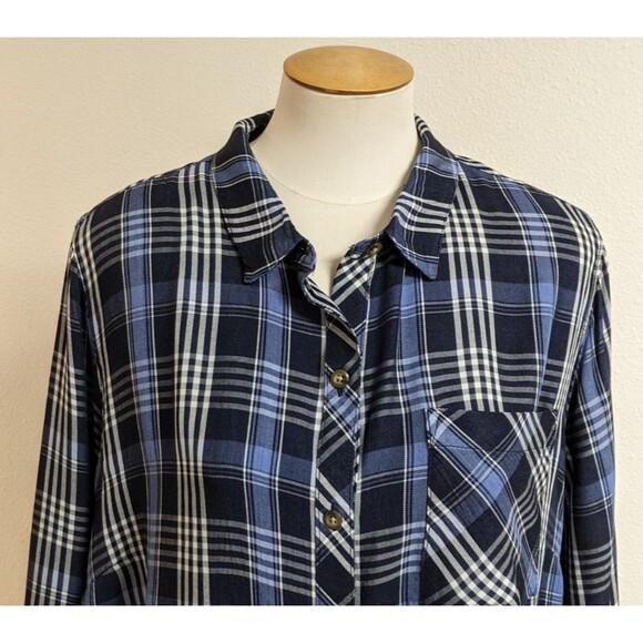 Women's J.JILL Denim Blue/White Plaid 3/4 Sleeve Viscose/Rayon Button-Up Shirt L - Picture 3 of 13
